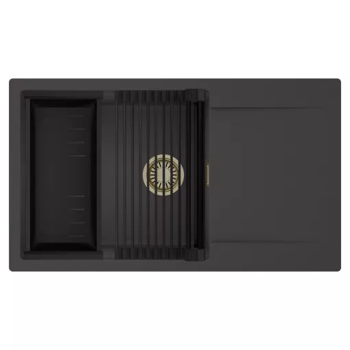 HD Onyx Antracit 86-XL egymedencés mosogatótálca szett, matt fekete csepegtetőráccsal és kosárral, csepegtetőtálcával, matt antracit színben, szálcsiszolt arany leeresztő szifonnal