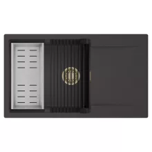 HD Onyx Antracit 86-XL egymedencés mosogatótálca szett, matt fekete csepegtetőráccsal és krómozott kosárral, csepegtetőtálcával, matt antracit színben, szálcsiszolt arany leeresztő szifonnal