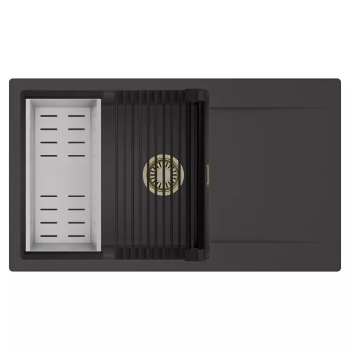 HD Onyx Antracit 86-XL egymedencés mosogatótálca szett, matt fekete csepegtetőráccsal és krómozott kosárral, csepegtetőtálcával, matt antracit színben, szálcsiszolt arany leeresztő szifonnal