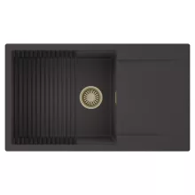 HD Onyx Antracit 86-XL egymedencés mosogatótálca szett, matt fekete csepegtetőráccsal, csepegtetőtálcával, matt antracit színben, szálcsiszolt arany leeresztő szifonnal