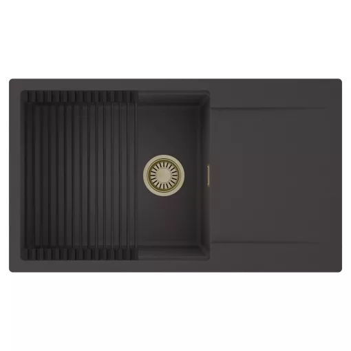 HD Onyx Antracit 86-XL egymedencés mosogatótálca szett, matt fekete csepegtetőráccsal, csepegtetőtálcával, matt antracit színben, szálcsiszolt arany leeresztő szifonnal