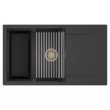 HD Onyx Antracit 86-XL egymedencés mosogatótálca szett, acél csepegtetőráccsal és matt fekete kosárral, csepegtetőtálcával, matt antracit színben, szálcsiszolt arany leeresztő szifonnal