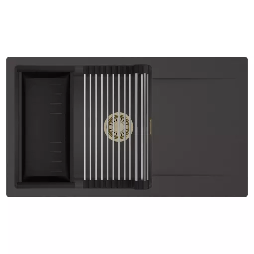 HD Onyx Antracit 86-XL egymedencés mosogatótálca szett, acél csepegtetőráccsal és matt fekete kosárral, csepegtetőtálcával, matt antracit színben, szálcsiszolt arany leeresztő szifonnal
