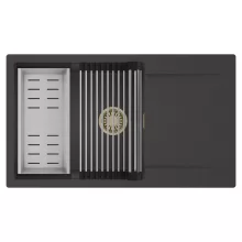 HD Onyx Antracit 86-XL egymedencés mosogatótálca szett, acél csepegtetőráccsal és kosárral, csepegtetőtálcával, matt antracit színben, szálcsiszolt arany leeresztő szifonnal