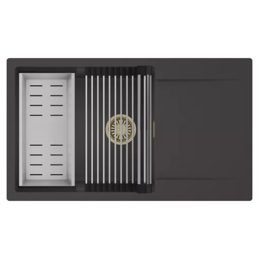 HD Onyx Antracit 86-XL egymedencés mosogatótálca szett, acél csepegtetőráccsal és kosárral, csepegtetőtálcával, matt antracit színben, szálcsiszolt arany leeresztő szifonnal