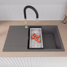 HD Onyx Antracit 86-XL egymedencés mosogatótálca szett, acél csepegtetőráccsal és kosárral, csepegtetőtálcával, matt antracit színben, szálcsiszolt arany leeresztő szifonnal