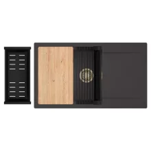 HD Onyx Antracit 86-XL egymedencés gránit mosogatótálca szett, csepegtetőtálcával, vágódeszkával, matt fekete csepegtetőráccsal és kosárral, matt antracit színben, szálcsiszolt arany leeresztő szifonnal