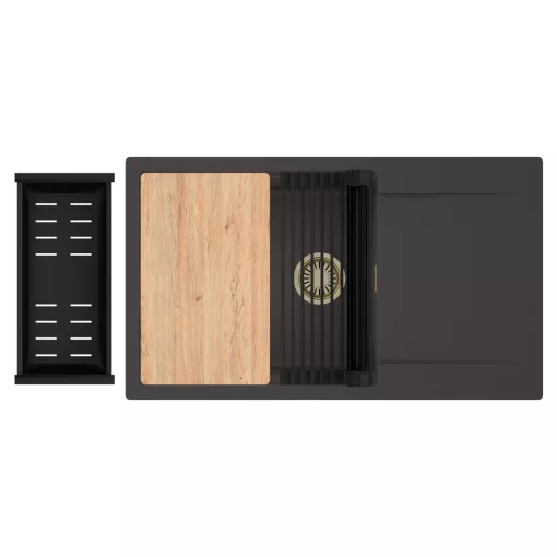 HD Onyx Antracit 86-XL egymedencés gránit mosogatótálca szett, csepegtetőtálcával, vágódeszkával, matt fekete csepegtetőráccsal és kosárral, matt antracit színben, szálcsiszolt arany leeresztő szifonnal