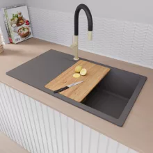 HD Onyx Antracit 86-XL egymedencés gránit mosogatótálca szett, csepegtetőtálcával, vágódeszkával, matt fekete csepegtetőráccsal és kosárral, matt antracit színben, szálcsiszolt arany leeresztő szifonnal