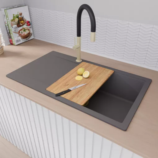 HD Onyx Antracit 86-XL egymedencés gránit mosogatótálca szett, csepegtetőtálcával, vágódeszkával, matt fekete csepegtetőráccsal és kosárral, matt antracit színben, szálcsiszolt arany leeresztő szifonnal