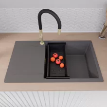 HD Onyx Antracit 86-XL egymedencés gránit mosogatótálca szett, csepegtetőtálcával, vágódeszkával, matt fekete csepegtetőráccsal és kosárral, matt antracit színben, szálcsiszolt arany leeresztő szifonnal