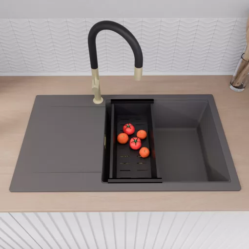 HD Onyx Antracit 86-XL egymedencés gránit mosogatótálca szett, csepegtetőtálcával, vágódeszkával, matt fekete csepegtetőráccsal és kosárral, matt antracit színben, szálcsiszolt arany leeresztő szifonnal