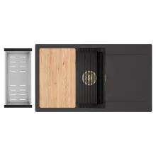 HD Onyx Antracit 86-XL egymedencés gránit mosogatótálca szett, csepegtetőtálcával, vágódeszkával, matt fekete csepegtetőráccsal és krómozott kosárral, matt antracit színben, szálcsiszolt arany leeresztő szifonnal