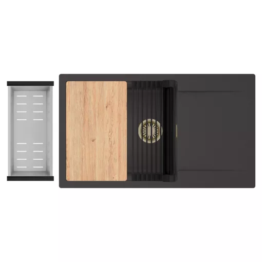 HD Onyx Antracit 86-XL egymedencés gránit mosogatótálca szett, csepegtetőtálcával, vágódeszkával, matt fekete csepegtetőráccsal és krómozott kosárral, matt antracit színben, szálcsiszolt arany leeresztő szifonnal