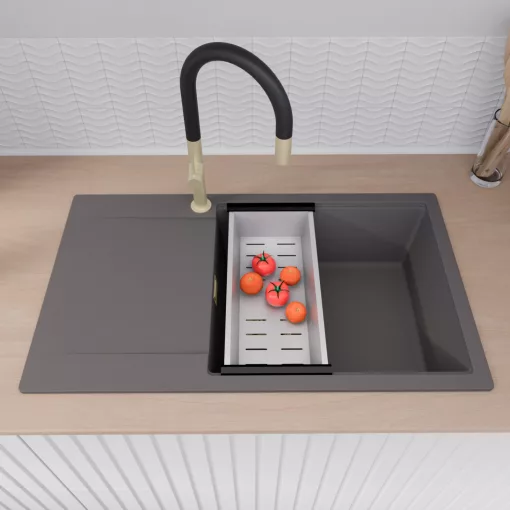 HD Onyx Antracit 86-XL egymedencés gránit mosogatótálca szett, csepegtetőtálcával, vágódeszkával, matt fekete csepegtetőráccsal és krómozott kosárral, matt antracit színben, szálcsiszolt arany leeresztő szifonnal