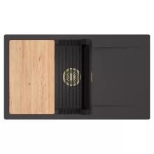 HD Onyx Antracit 86-XL egymedencés gránit mosogatótálca szett, csepegtetőtálcával, vágódeszkával, matt fekete csepegtetőráccsal, matt antracit színben, szálcsiszolt arany leeresztő szifonnal