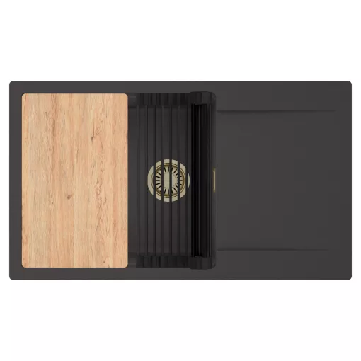 HD Onyx Antracit 86-XL egymedencés gránit mosogatótálca szett, csepegtetőtálcával, vágódeszkával, matt fekete csepegtetőráccsal, matt antracit színben, szálcsiszolt arany leeresztő szifonnal