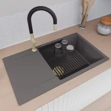 HD Onyx Antracit 86-XL egymedencés gránit mosogatótálca szett, csepegtetőtálcával, vágódeszkával, matt fekete csepegtetőráccsal, matt antracit színben, szálcsiszolt arany leeresztő szifonnal