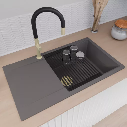 HD Onyx Antracit 86-XL egymedencés gránit mosogatótálca szett, csepegtetőtálcával, vágódeszkával, matt fekete csepegtetőráccsal, matt antracit színben, szálcsiszolt arany leeresztő szifonnal