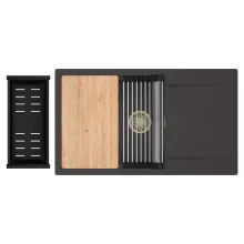 HD Onyx Antracit 86-XL egymedencés gránit mosogatótálca szett, csepegtetőtálcával, vágódeszkával, acél csepegtetőráccsal és matt fekete kosárral, matt antracit színben, szálcsiszolt arany leeresztő szifonnal