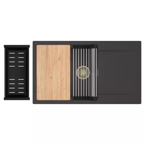 HD Onyx Antracit 86-XL egymedencés gránit mosogatótálca szett, csepegtetőtálcával, vágódeszkával, acél csepegtetőráccsal és matt fekete kosárral, matt antracit színben, szálcsiszolt arany leeresztő szifonnal