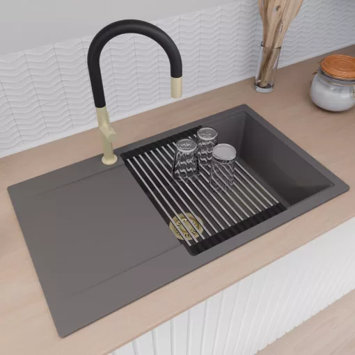 HD Onyx Antracit 86-XL egymedencés gránit mosogatótálca szett, csepegtetőtálcával, vágódeszkával, acél csepegtetőráccsal és matt fekete kosárral, matt antracit színben, szálcsiszolt arany leeresztő szifonnal