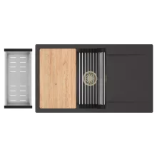 HD Onyx Antracit 86-XL egymedencés gránit mosogatótálca szett, csepegtetőtálcával, vágódeszkával, acél csepegtetőráccsal és kosárral, matt antracit színben, szálcsiszolt arany leeresztő szifonnal