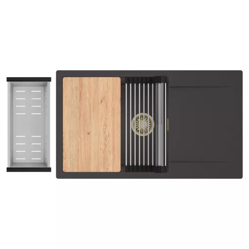 HD Onyx Antracit 86-XL egymedencés gránit mosogatótálca szett, csepegtetőtálcával, vágódeszkával, acél csepegtetőráccsal és kosárral, matt antracit színben, szálcsiszolt arany leeresztő szifonnal