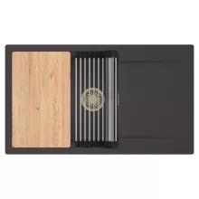 HD Onyx Antracit 86-XL egymedencés gránit mosogatótálca szett, csepegtetőtálcával, vágódeszkával, acél csepegtetőráccsal, matt antracit színben, szálcsiszolt arany leeresztő szifonnal