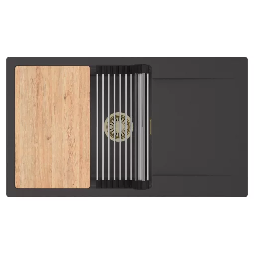 HD Onyx Antracit 86-XL egymedencés gránit mosogatótálca szett, csepegtetőtálcával, vágódeszkával, acél csepegtetőráccsal, matt antracit színben, szálcsiszolt arany leeresztő szifonnal