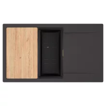 HD Onyx Antracit 86-XL egymedencés gránit mosogatótálca szett, csepegtetőtálcával, vágódeszkával, matt fekete csepegtetőkosárral, matt antracit színben, szálcsiszolt arany leeresztő szifonnal