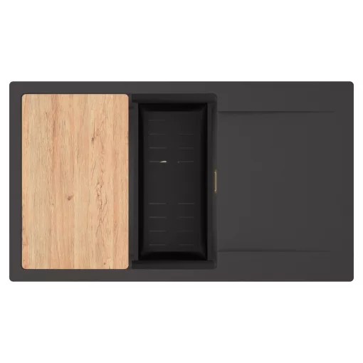 HD Onyx Antracit 86-XL egymedencés gránit mosogatótálca szett, csepegtetőtálcával, vágódeszkával, matt fekete csepegtetőkosárral, matt antracit színben, szálcsiszolt arany leeresztő szifonnal