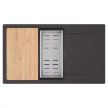 HD Onyx Antracit 86-XL egymedencés gránit mosogatótálca szett, csepegtetőtálcával, vágódeszkával, acél csepegtetőkosárral, matt antracit színben, szálcsiszolt arany leeresztő szifonnal