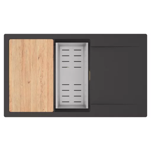 HD Onyx Antracit 86-XL egymedencés gránit mosogatótálca szett, csepegtetőtálcával, vágódeszkával, acél csepegtetőkosárral, matt antracit színben, szálcsiszolt arany leeresztő szifonnal