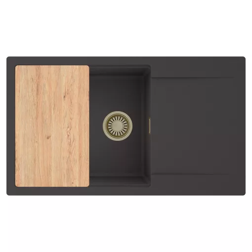 HD Onyx Antracit 86-XL egymedencés gránit mosogatótálca, vágódeszkával, matt antracit színben, szálcsiszolt arany leeresztő szifonnal