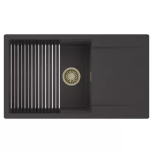 HD Onyx Antracit 86-XL egymedencés mosogatótálca szett, acél csepegtetőráccsal, csepegtetőtálcával, matt antracit színben, szálcsiszolt arany leeresztő szifonnal