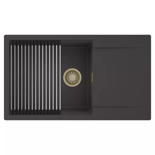 HD Onyx Antracit 86-XL egymedencés mosogatótálca szett, acél csepegtetőráccsal, csepegtetőtálcával, matt antracit színben, szálcsiszolt arany leeresztő szifonnal