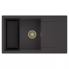 HD Onyx Antracit 86-XL egymedencés mosogatótálca szett, matt fekete csepegtetőkosárral, csepegtetőtálcával, matt antracit színben, szálcsiszolt arany leeresztő szifonnal