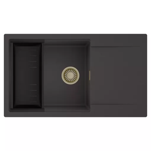 HD Onyx Antracit 86-XL egymedencés mosogatótálca szett, matt fekete csepegtetőkosárral, csepegtetőtálcával, matt antracit színben, szálcsiszolt arany leeresztő szifonnal