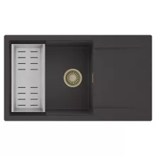 HD Onyx Antracit 86-XL egymedencés mosogatótálca szett, acél csepegtetőkosárral, csepegtetőtálcával, matt antracit színben, szálcsiszolt arany leeresztő szifonnal