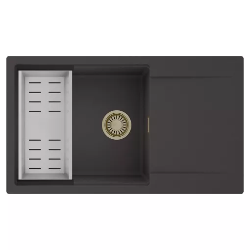 HD Onyx Antracit 86-XL egymedencés mosogatótálca szett, acél csepegtetőkosárral, csepegtetőtálcával, matt antracit színben, szálcsiszolt arany leeresztő szifonnal