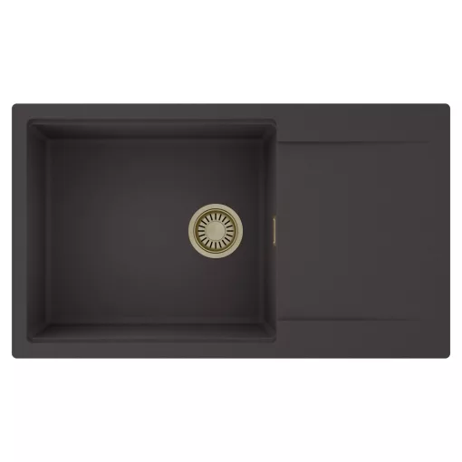 HD Onyx Antracit 86-XL egymedencés mosogatótálca, csepegtetőtálcával, matt antracit színben, szálcsiszolt arany leeresztő szifonnal