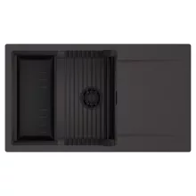 HD Onyx Antracit 86-XL egymedencés mosogatótálca szett, matt fekete csepegtetőráccsal és kosárral, csepegtetőtálcával, matt antracit színben, matt fekete leeresztő szifonnal