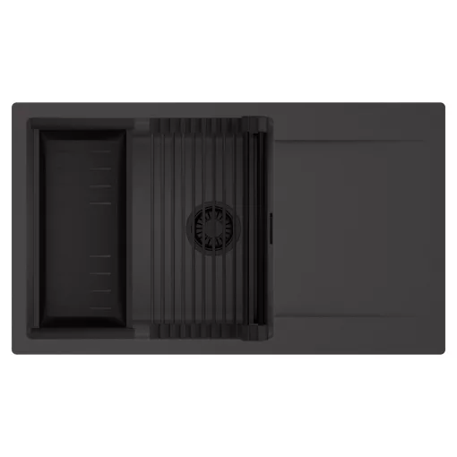 HD Onyx Antracit 86-XL egymedencés mosogatótálca szett, matt fekete csepegtetőráccsal és kosárral, csepegtetőtálcával, matt antracit színben, matt fekete leeresztő szifonnal