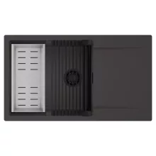 HD Onyx Antracit 86-XL egymedencés mosogatótálca szett, matt fekete csepegtetőráccsal és krómozott kosárral, csepegtetőtálcával, matt antracit színben, matt fekete leeresztő szifonnal