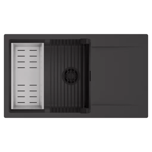 HD Onyx Antracit 86-XL egymedencés mosogatótálca szett, matt fekete csepegtetőráccsal és krómozott kosárral, csepegtetőtálcával, matt antracit színben, matt fekete leeresztő szifonnal