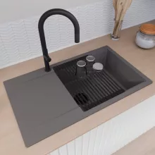 HD Onyx Antracit 86-XL egymedencés mosogatótálca szett, matt fekete csepegtetőráccsal és krómozott kosárral, csepegtetőtálcával, matt antracit színben, matt fekete leeresztő szifonnal