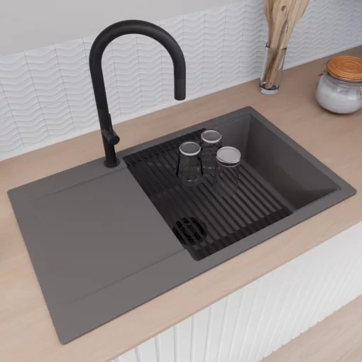 HD Onyx Antracit 86-XL egymedencés mosogatótálca szett, matt fekete csepegtetőráccsal, csepegtetőtálcával, matt antracit színben, matt fekete leeresztő szifonnal