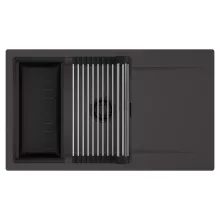 HD Onyx Antracit 86-XL egymedencés mosogatótálca szett, acél csepegtetőráccsal és matt fekete kosárral, csepegtetőtálcával, matt antracit színben, matt fekete leeresztő szifonnal