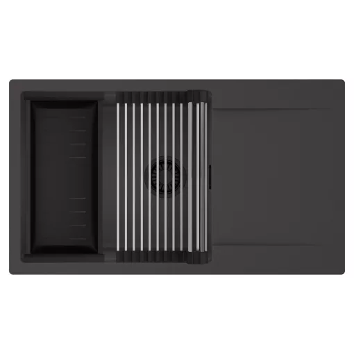 HD Onyx Antracit 86-XL egymedencés mosogatótálca szett, acél csepegtetőráccsal és matt fekete kosárral, csepegtetőtálcával, matt antracit színben, matt fekete leeresztő szifonnal